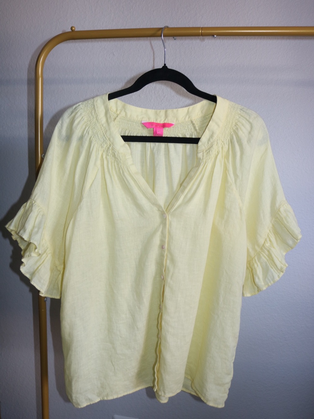 Lilly Pulitzer Tayla Linen Ruffle Button Down Blouse Butter Yellow M